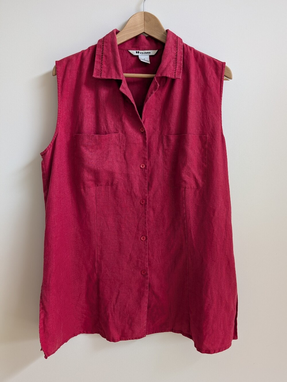 100% Linen Size 14 Cherry Red Sleeveless Button Down Shirt Blouse Top Nygard